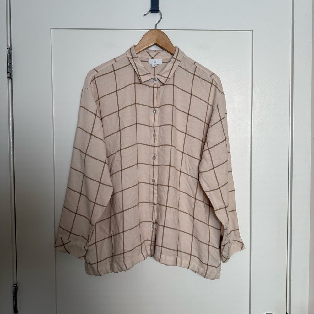 J Jill Shirt Womens Sz L Petite Beige Checkered Long Sleeve Button Up Soft